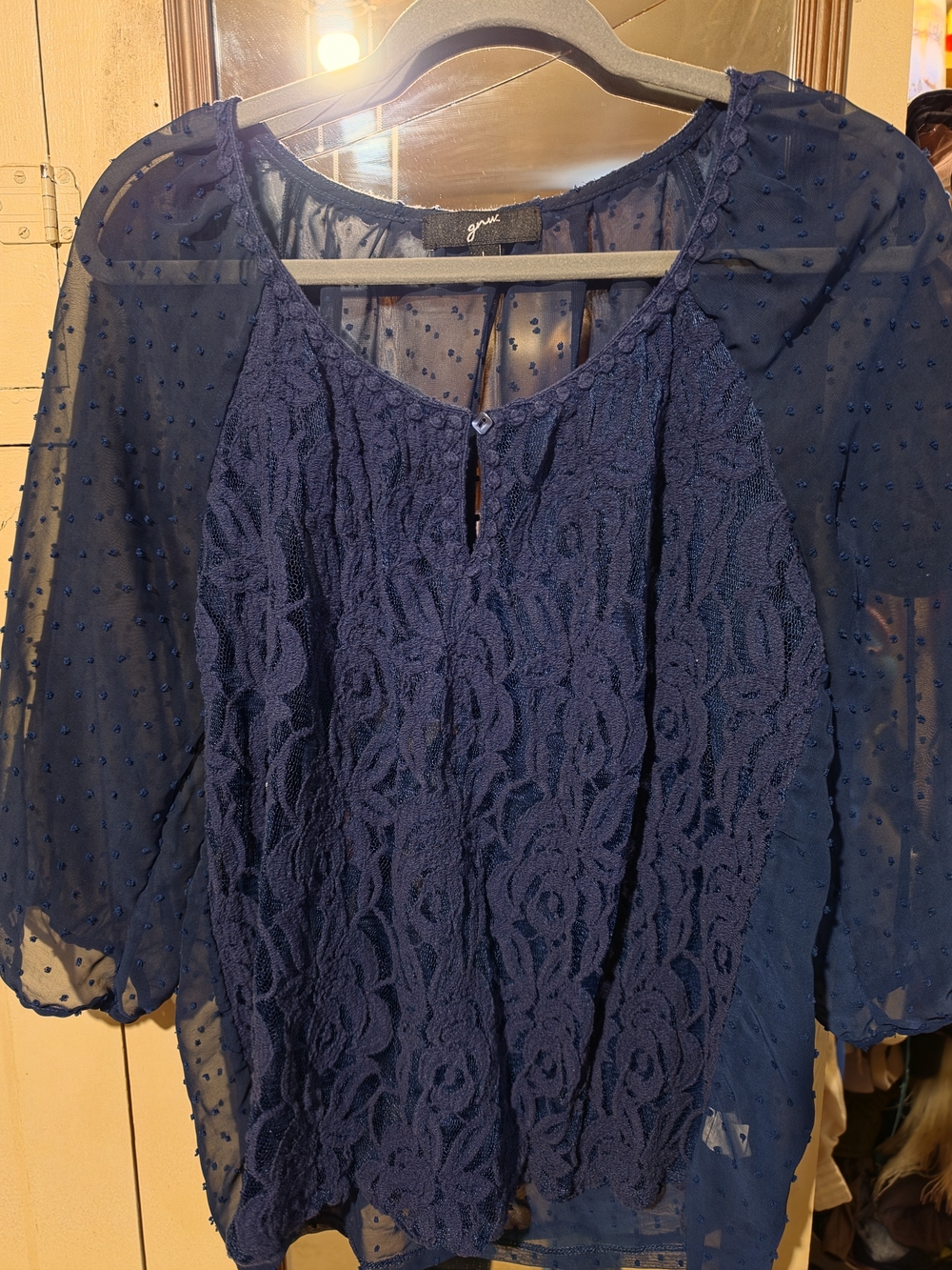 Gilli Navy Lace Front Sheer Dot Sleeve Blouse